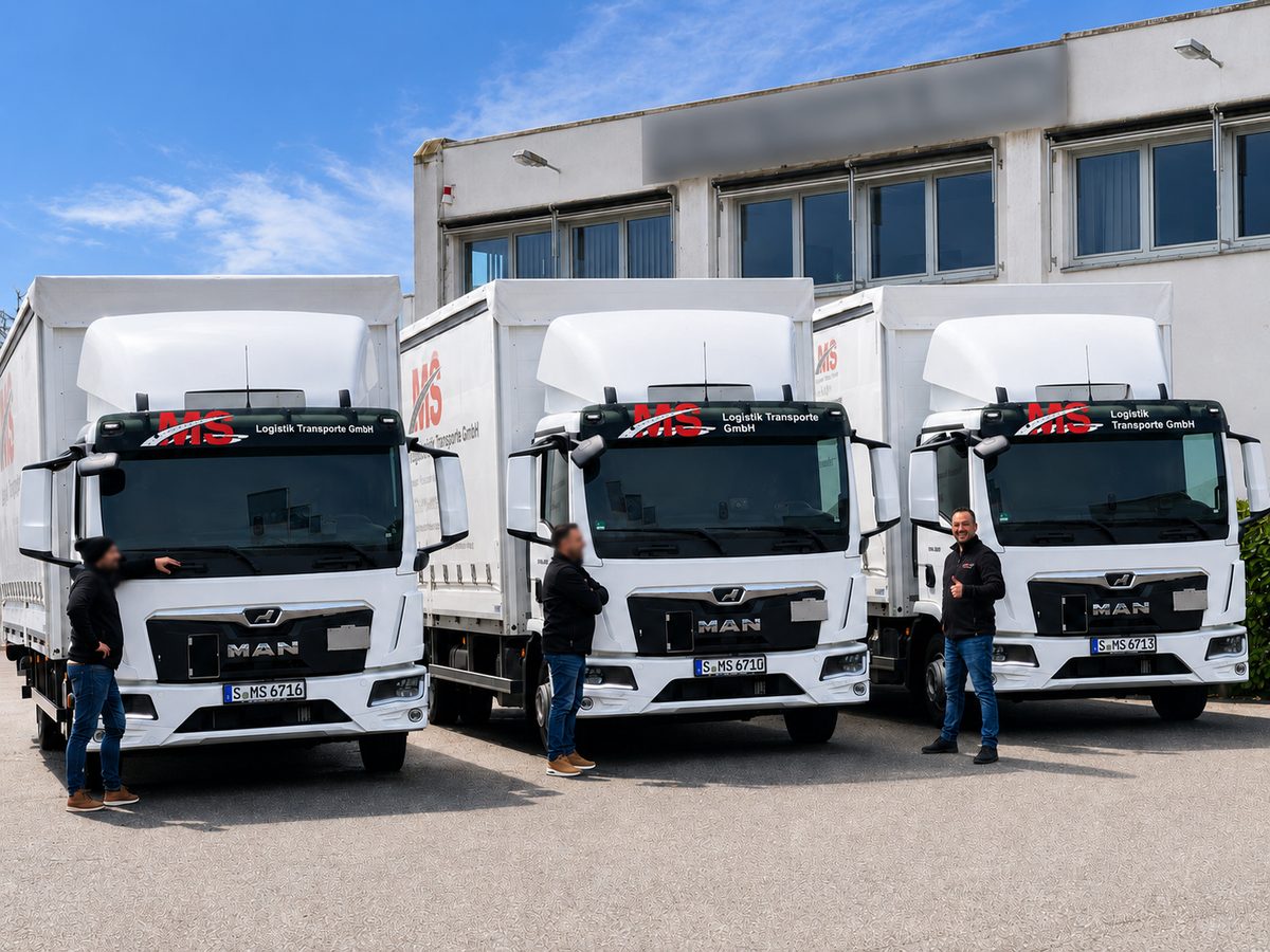 Mehrere LKW der MS Logistik Transporte GmbH am Betriebshof