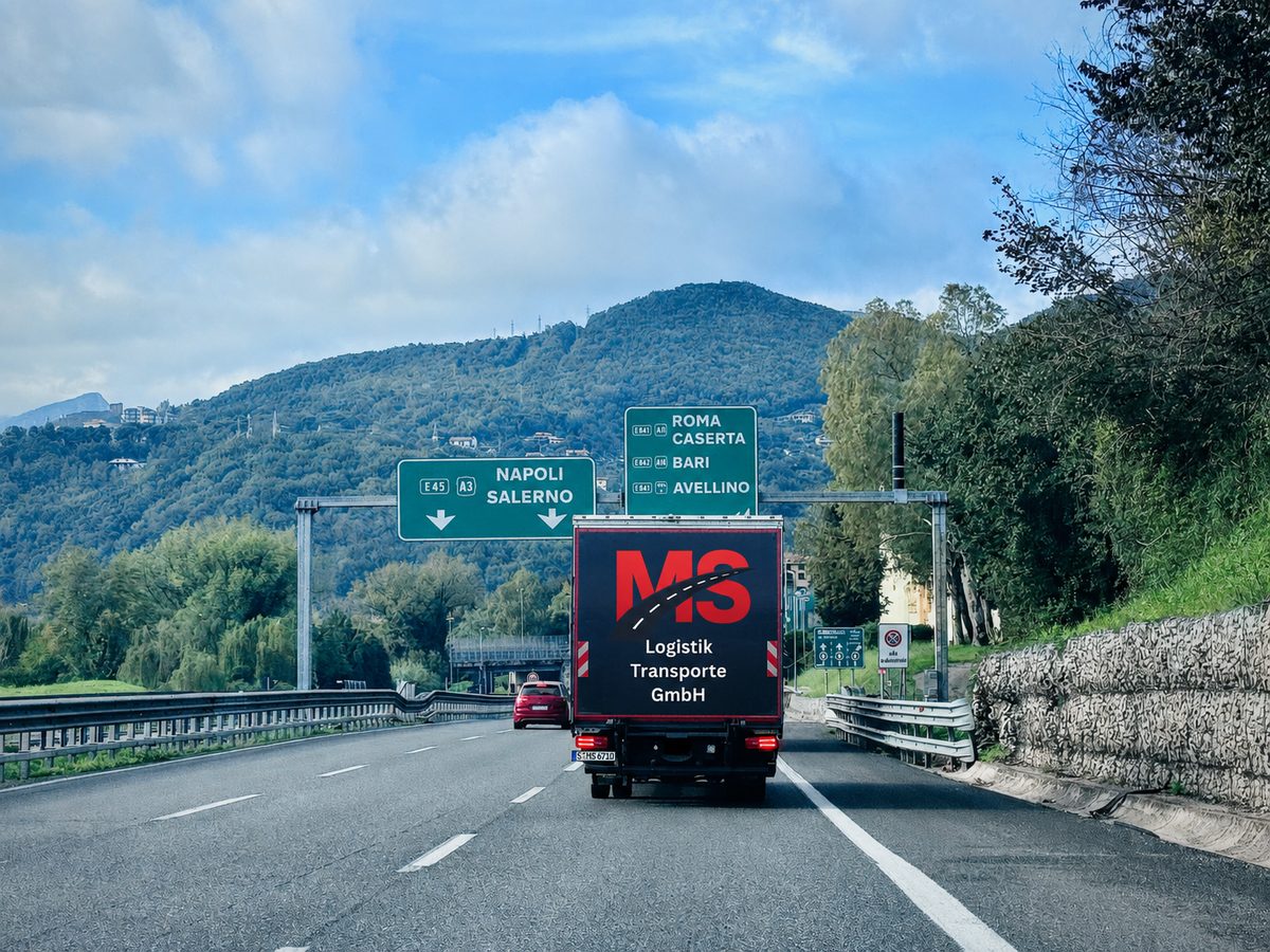 LKW der MS Logistik Transporte GmbH auf einer Autobahnstrecke Richtung Italien